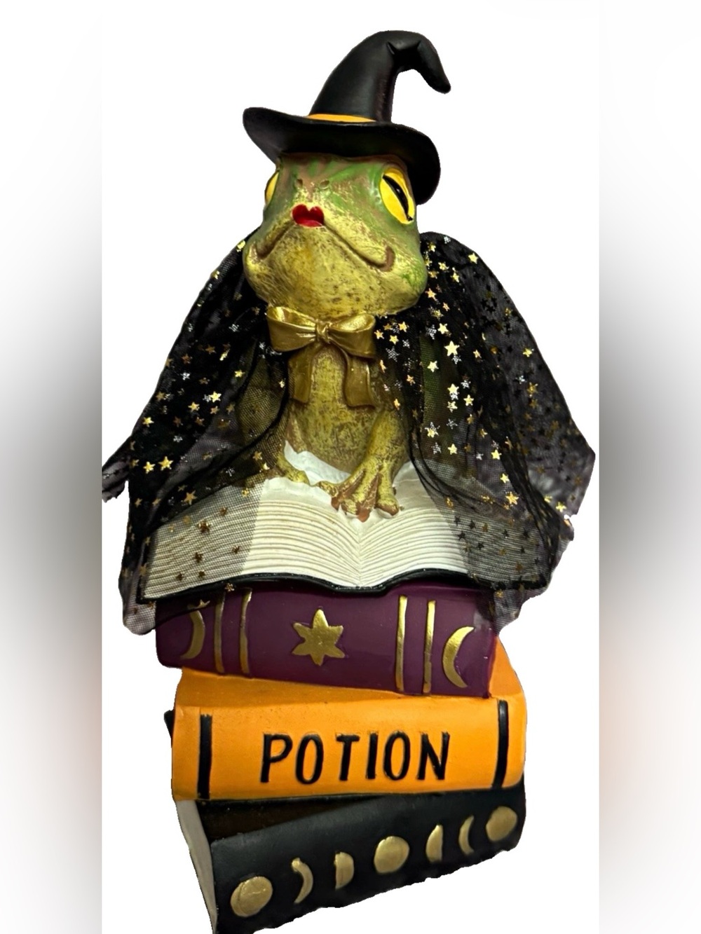 Halloween Decor Glam Witch Frog w/Lipstick on Spell Books w/Star Cape NWT